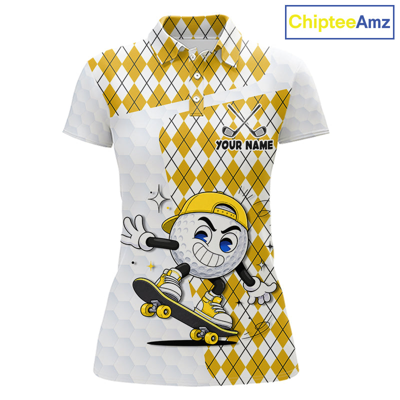 Womens Golf Polo Shirt Argyle Pattern Golf Shirts For Womens Funny Golf Ball Shirtgifts|Yellow NHT864