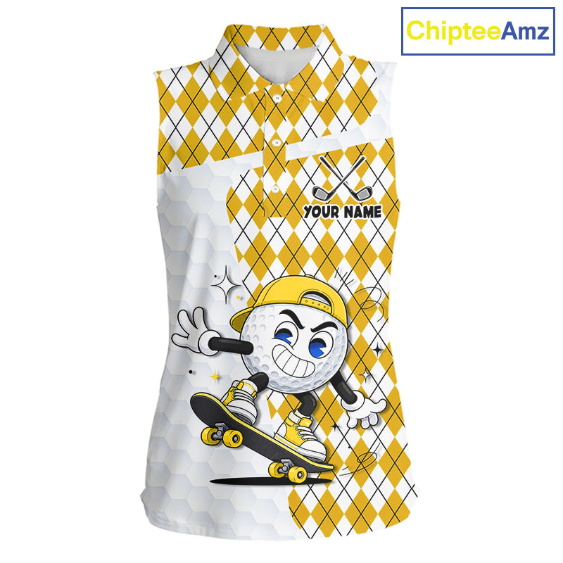 Sleeveless Women Golf Polo Shirt Argyle Pattern Golf Shirts For Womens Funny Golf Ball Shirtgifts|Yellow NHT864