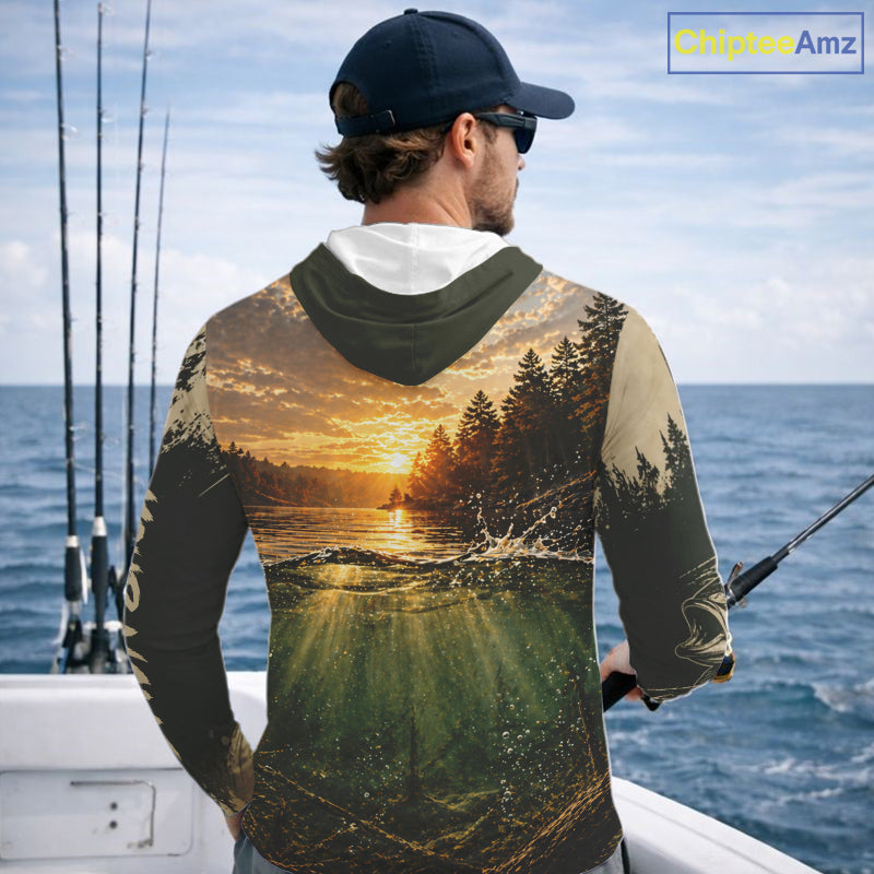 Personalized Bass Hooded Fishing Shirt – Angler Sunset Lake Design, Outdoor Fishing Apparel Gift For Dad NHT866