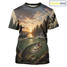 Load image into Gallery viewer, Personalized Bass Short Sleeve Fishing T-Shirts – Angler Sunset Lake Design, Outdoor Fishing Apparel Gift For Dad NHT866