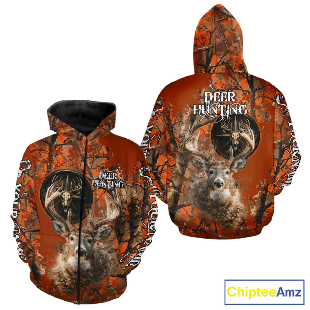 Deer Hunting Shirt Compass Design Orange Camo Custom Name Head Deer Hunting Clothes NHT282