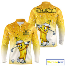 Load image into Gallery viewer, Yellow long-sleeve shirt with cartoon banana character holding a golf club, featuring 'Team Name' and 'Your Name' text on a white background.