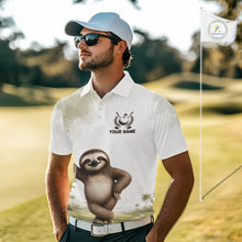 Load image into Gallery viewer, Man wearing a white polo shirt with a sloth graphic on a golf course