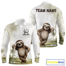 Load image into Gallery viewer, Long-sleeve polo shirt with sloth design and customizable text on a white background