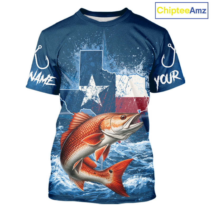Texas Flag Redfish Fishing Jersey Short Sleeve Fishing T-Shirts , Saltwater Angler Gift For Men 