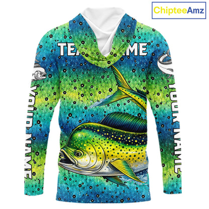Mahi Mahi Fishing Team Jerseys, Mahi Mahi Fishing Shirts Long Sleeve Hooded Green Camo  NHT614