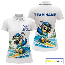 Load image into Gallery viewer, Personalized surfing parrot womens golf polo shirt, tropical beach bird golf team shirt, front view.