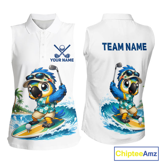 Personalized surfing parrot womens sleeveless golf polo shirt, tropical beach bird golf team shirt, front view.
