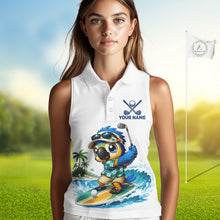 Load image into Gallery viewer, Tropical beach bird womens sleeveless golf polo shirt, personalized surfing parrot design, custom golf team shirt side view