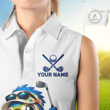 Load image into Gallery viewer, Womens sleeveless golf polo shirt with surfing parrot graphic, personalized name and team, tropical beach bird golf top.