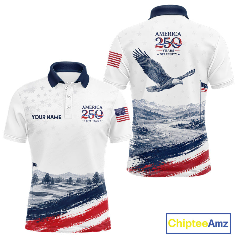 Personalized America 250 Mens Golf Polo Shirt – Patriotic Eagle USA 250Th Anniversary Apparel