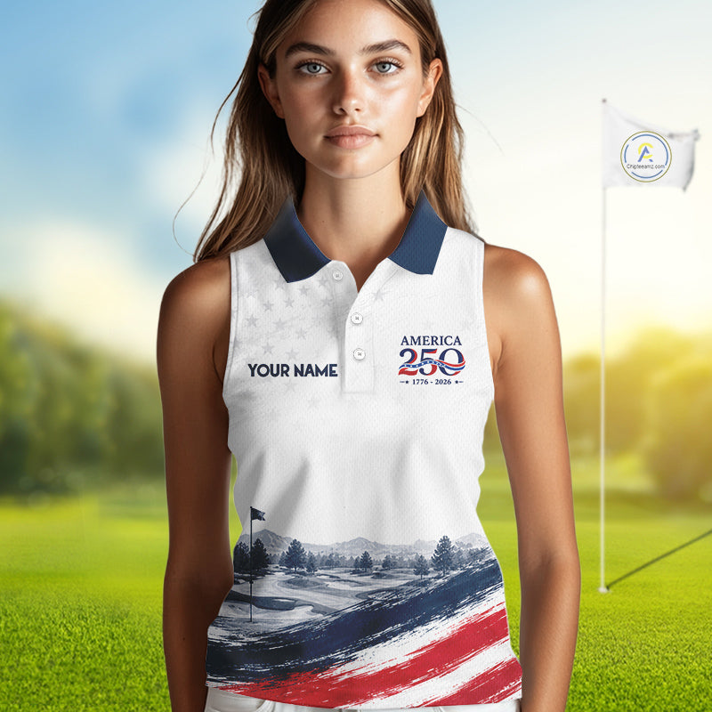 Personalized America 250 Womens Sleeveless Golf Polo Shirt – Patriotic Eagle USA 250Th Anniversary Apparel