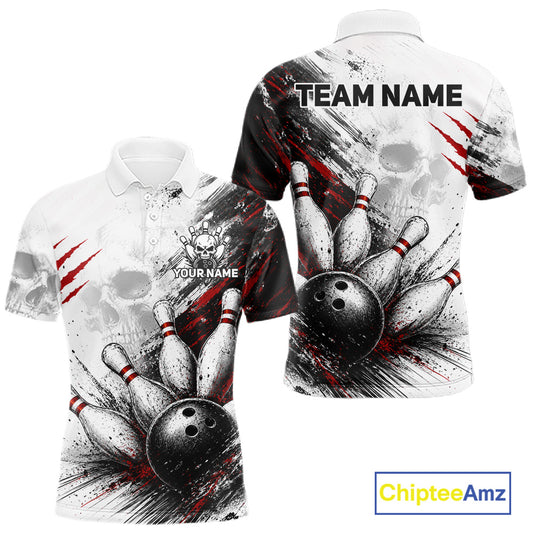 Front and back views of a short-sleeve polo shirt featuring a bowling-themed graphic print with bowling pins, bowling balls, skull motifs, red paint splatters, and customizable text placeholders 'TEAM NAME' and 'YOUR NAME'.