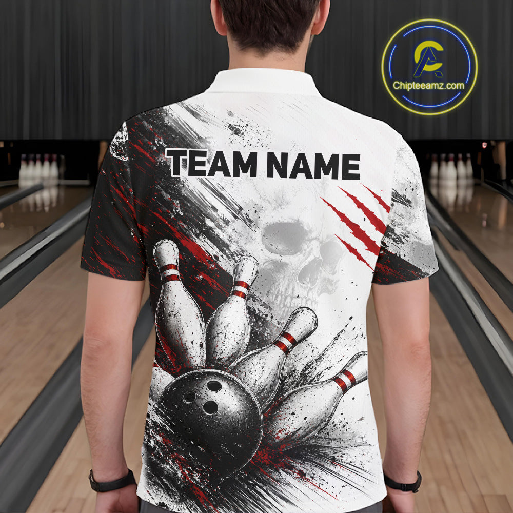 A man viewed from behind wearing a white short-sleeve polo shirt with a bowling-themed graphic print. The shirt features a black and red paint-splatter design, claw marks, bowling pins, a bowling ball, and the text 'TEAM NAME' printed across the upper back.