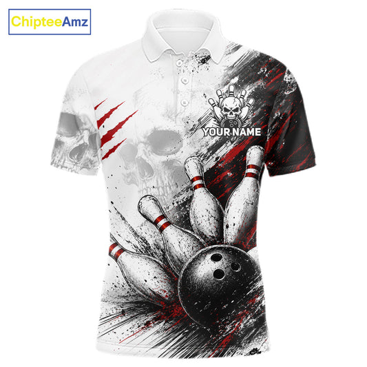 A short-sleeve polo shirt with a bowling-themed graphic print featuring a bowling ball, pins, skull motifs, and red paint splatters on a white base. The shirt includes a customizable name graphic and is shown on a plain white background with a ChipteeAmz logo in the top-left corner.