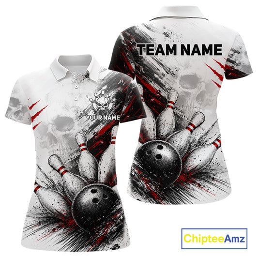 Front and back views of a custom short-sleeve polo shirt featuring a bowling theme with bowling pins, bowling balls, skulls, and red paint splatters on a white background. The front has a placeholder skull graphic and the text 'YOUR NAME', while the back features 'TEAM NAME' in bold black letters.