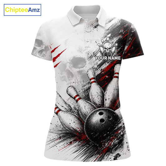 A women's short-sleeve polo shirt with a bowling-themed all-over print featuring bowling pins, a bowling ball, and red paint splatters on a white background. The shirt includes a customizable skull-and-text graphic on the chest reading 'YOUR NAME'.