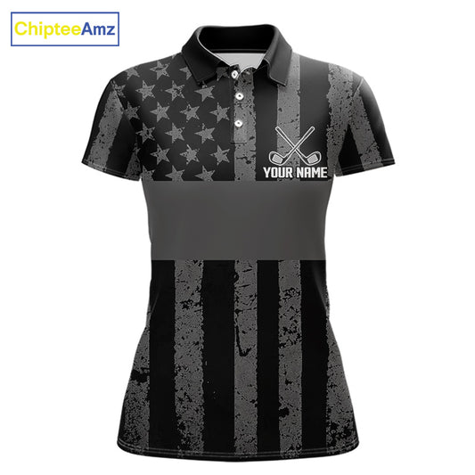 Black White American Flag Womens Golf Polo Shirts Custom Name, Team Name For Women Golf Gift NHT886