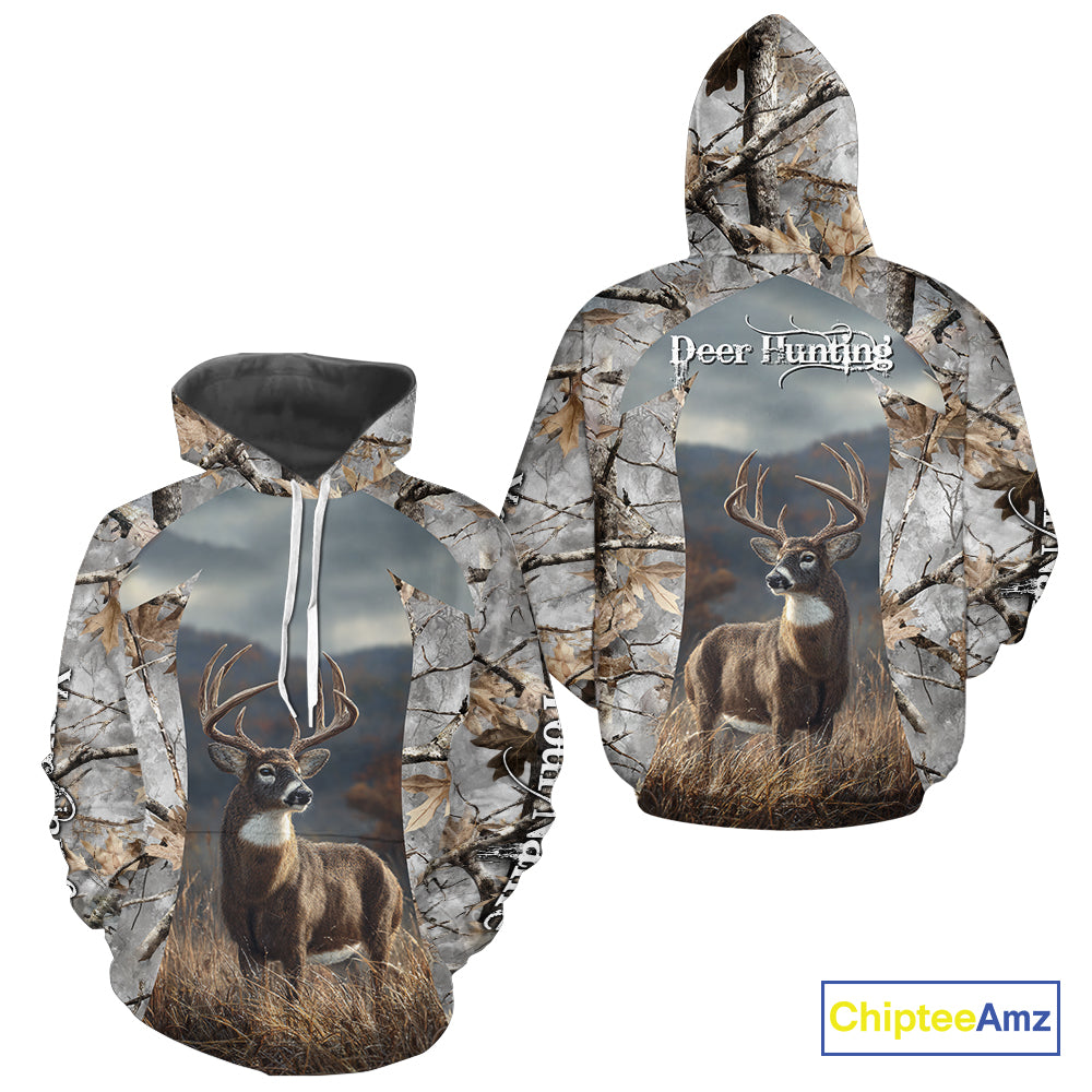 Custom 3D Deer Hunting Shirt With Whitetail Deer Winter Camo For Deer Hunting Season NHT222