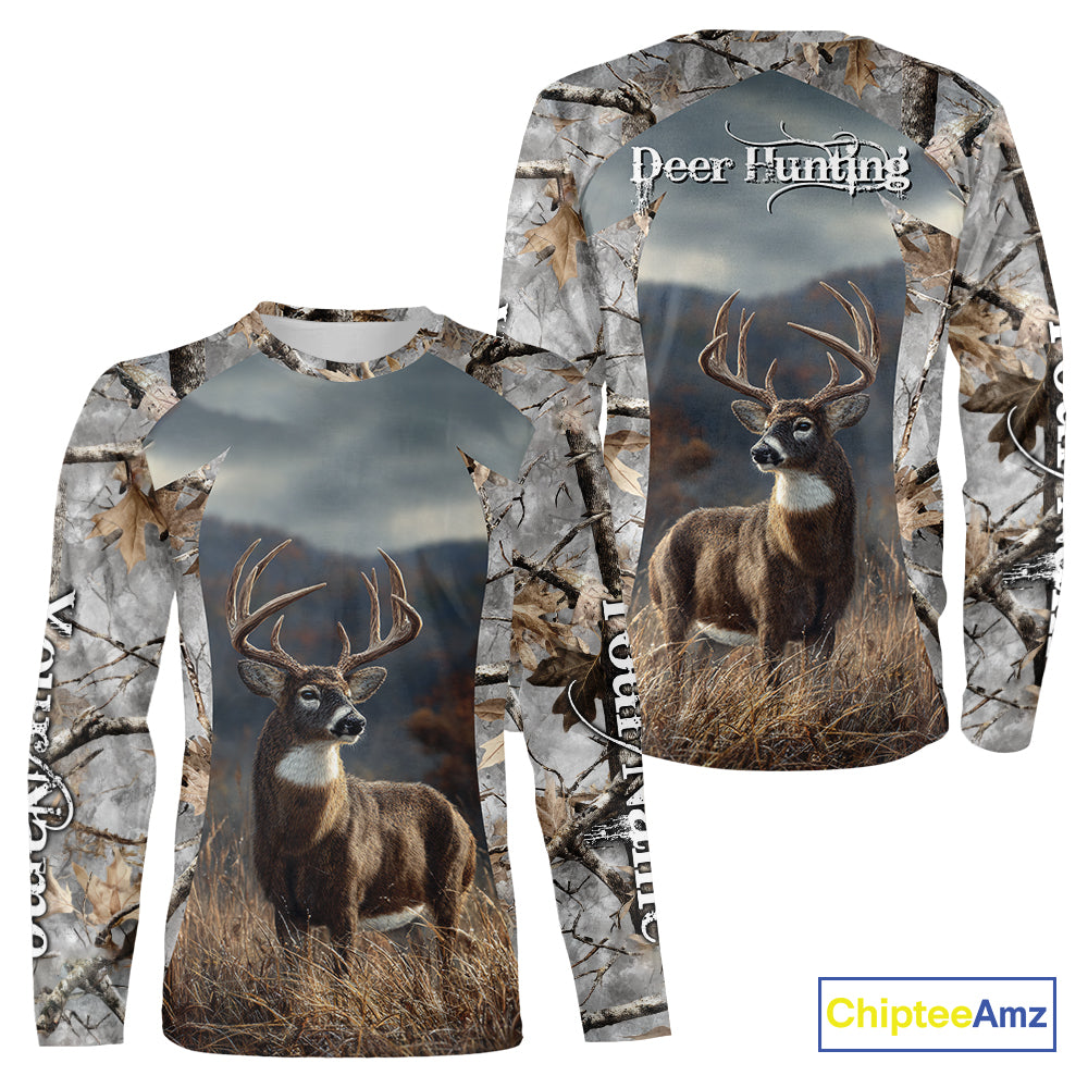 Custom 3D Deer Hunting Shirt With Whitetail Deer Winter Camo For Deer Hunting Season NHT222