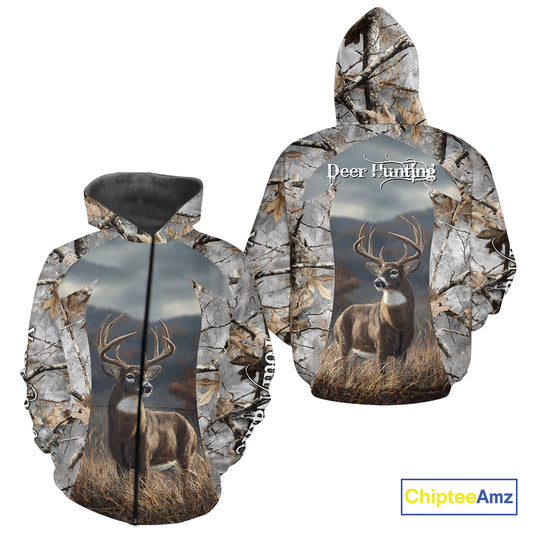 Custom 3D Deer Hunting Shirt With Whitetail Deer Winter Camo For Deer Hunting Season NHT222