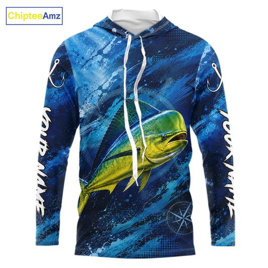 Custom Mahi Mahi Fishing Jersey long sleeve hooded shirt with vibrant mahi mahi graphic and performance fit.