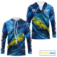 Load image into Gallery viewer, Back view of custom mahi mahi hooded fishing shirt made from lightweight polyester with UPF 30+ sun protection.