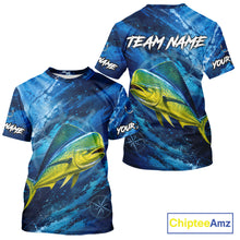 Load image into Gallery viewer, Back view of custom mahi mahi fishing shirt made from breathable polyester with UPF 30+ sun protection.
