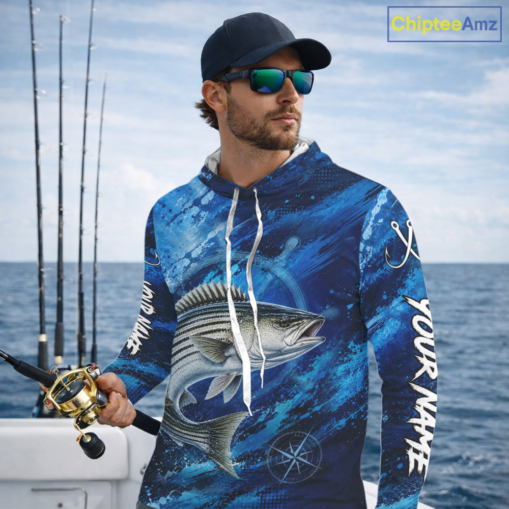 Custom Striped Bass Fishing Jersey, Personalized Long Sleeve Hooded Performance Fishing Shirt NHT1223