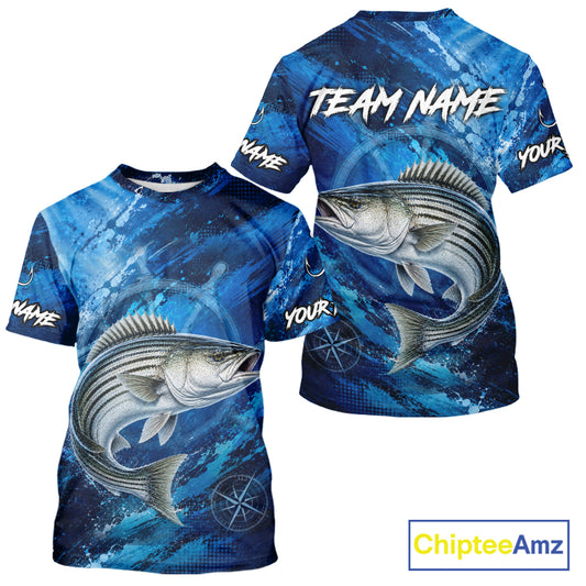 Back view of custom striped bass fishing shirt made from breathable polyester with UPF 30+ sun protection.