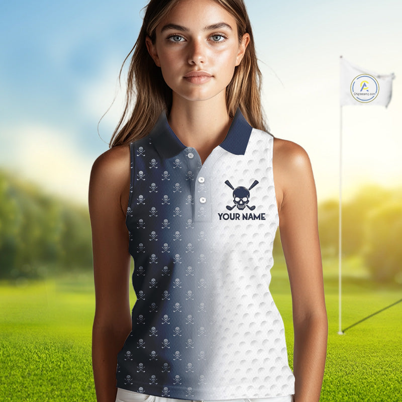 Personalized Skull Womens Sleeveless Golf Polo Shirt Custom Team Name Golf Ball Pattern Polo 