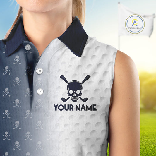 Personalized Skull Womens Sleeveless Golf Polo Shirt Custom Team Name Golf Ball Pattern Polo