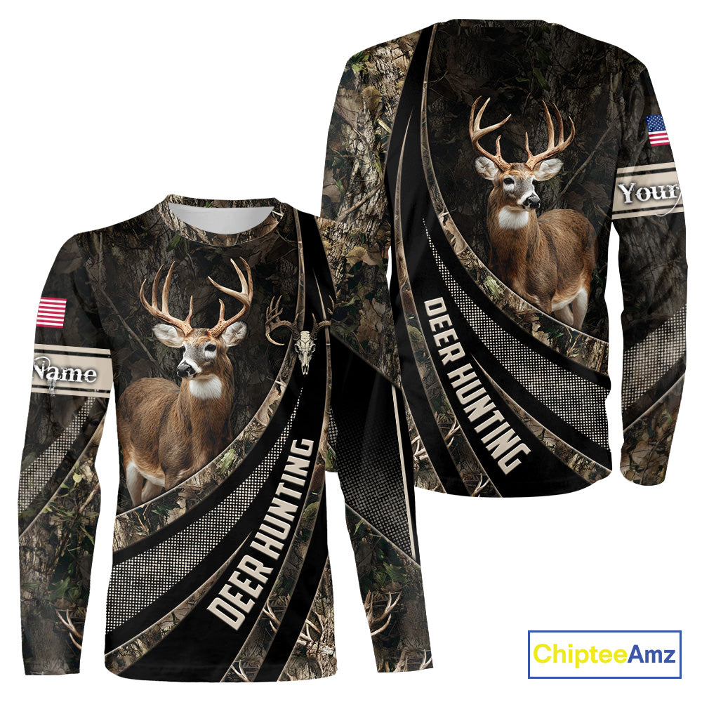 Whitetail Deer Hunting Shirt Camouflage US Flag, Deer Hunter Custom Name, Hunting Gift NHT123