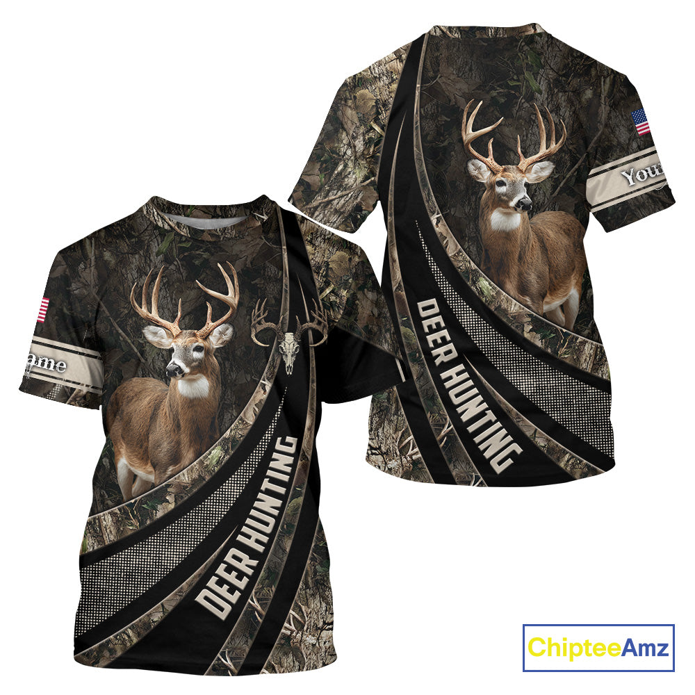 Whitetail Deer Hunting Shirt Camouflage US Flag, Deer Hunter Custom Name, Hunting Gift NHT123