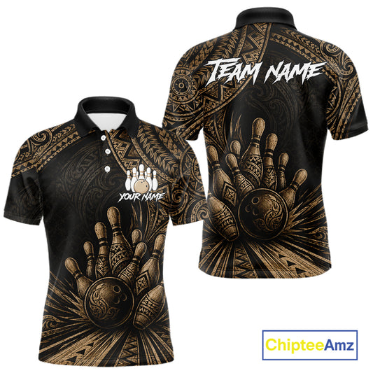 A black short-sleeve polo shirt with a gold tribal-inspired bowling graphic, shown from both front and back. The front features a bowling pin and ball design with the text 'YOUR NAME', and the back has a large bowling hand and ball graphic with 'TEAM NAME' across the shoulders.