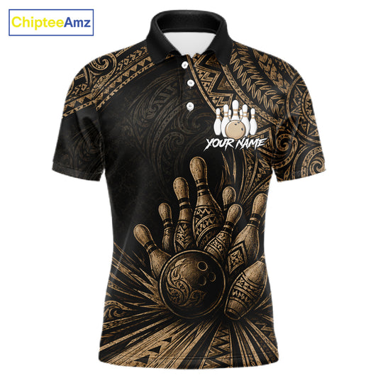 A black short-sleeve polo shirt with a detailed gold and brown bowling-themed graphic print, featuring bowling pins, a bowling ball, and a white 'YOUR NAME' placeholder on the chest. The brand name 'ChipteeAmz' is visible in the top left corner.