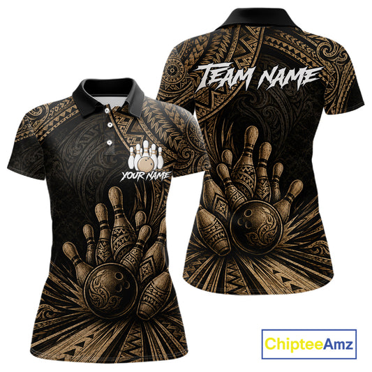 A women's short-sleeve polo shirt shown from both front and back, featuring a black and brown tribal-inspired graphic print with bowling pins and bowling balls, plus customizable text areas reading 'TEAM NAME' and 'YOUR NAME'.