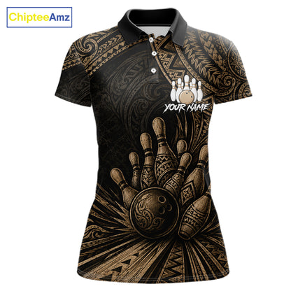 A women's short-sleeve polo shirt with a black and brown tribal-inspired bowling graphic, featuring a bowling hand, bowling ball, pins, and customizable text placeholders on a white background.