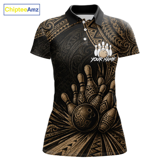 A women's short-sleeve polo shirt with a black and brown tribal-inspired bowling graphic, featuring a bowling hand, bowling ball, pins, and customizable text placeholders on a white background.