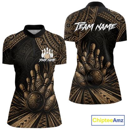 Front and back views of a women's short-sleeve polo shirt with a black and gold tribal-inspired bowling graphic, featuring customizable text placeholders 'TEAM NAME' and 'YOUR NAME'.