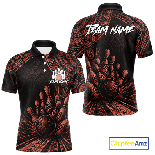 Custom short-sleeve polo shirt with a black and dark red tribal hand graphic featuring bowling pins and balls, shown in front and back views on a white background with a ChipteeAmz logo.