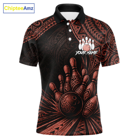 A short-sleeve polo shirt with a black base and a detailed brown and red bowling-themed graphic print, featuring bowling pins, a bowling ball, and a customizable name patch on the chest. The brand name 'ChipteeAmz' is visible in the top left corner.