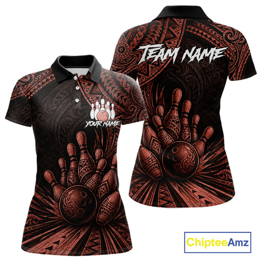 A short-sleeve polo shirt shown from the front and back, featuring a black base with a detailed red and brown bowling-themed graphic and tribal-style patterns. The front displays a bowling pin graphic with the text 'YOUR NAME', and the back displays 'TEAM NAME' in white.