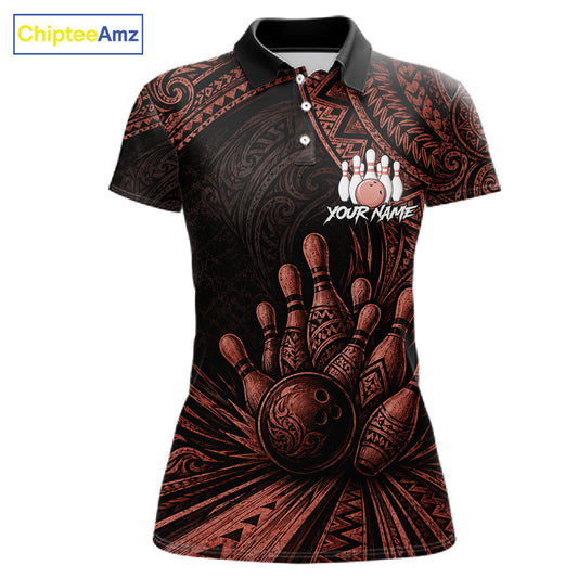A women's short-sleeve polo shirt with a black and dark brown tribal-inspired bowling graphic, featuring a bowling hand, bowling ball, pins, and a customizable name print on the chest. The shirt is displayed on a white background with a 'ChipteeAmz' logo in the top-left corner.