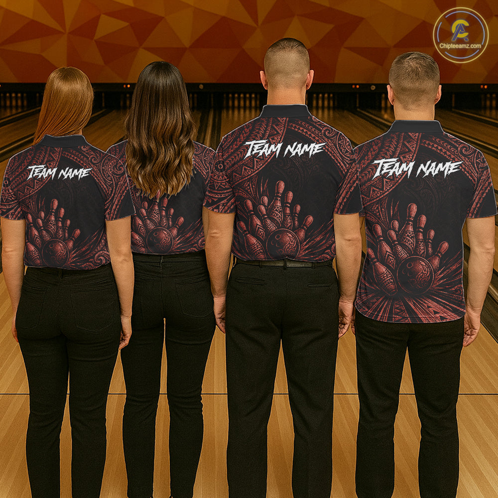 Custom Bowling League Shirt, Personalized Bowling Team Polo, Polynesian Tribal Bowling For Women|Red NHT1233