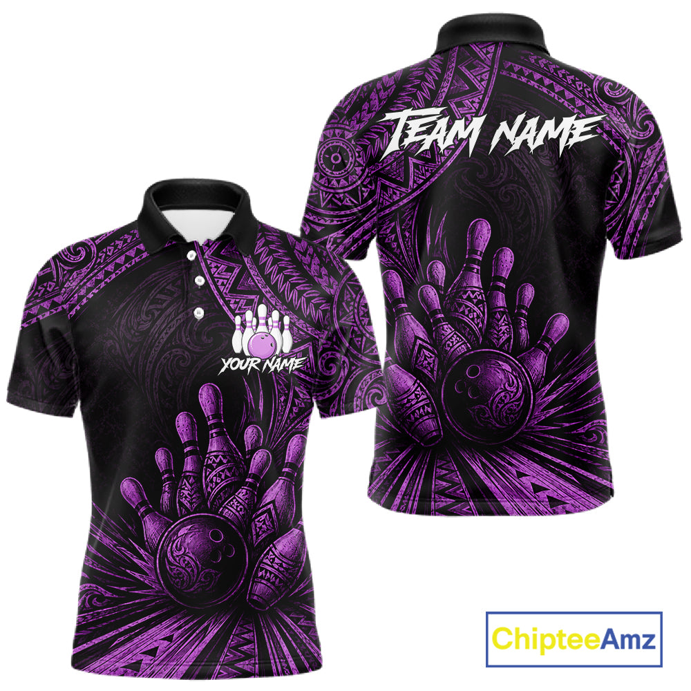 Black and purple short-sleeve polo shirt with bowling-themed graphic print, shown in front and back views on a white background. Features 'TEAM NAME' on the back and 'YOUR NAME' on the front, with a ChipteeAmz logo in the bottom right corner.
