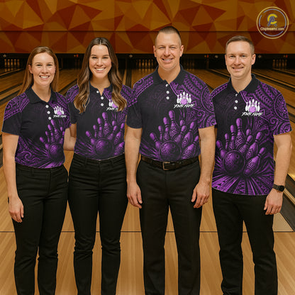 Custom Bowling League Shirt, Personalized Bowling Team Polo, Polynesian Tribal Bowling For Women|Purple NHT1234