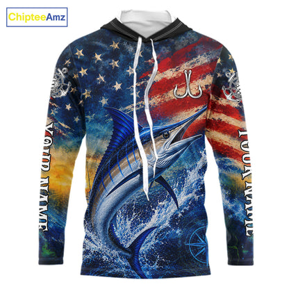 Marlin Fishing Shirt American Flag 3D All Over Print Long Sleeve Hooded Performance Apparel For Men NHT1088