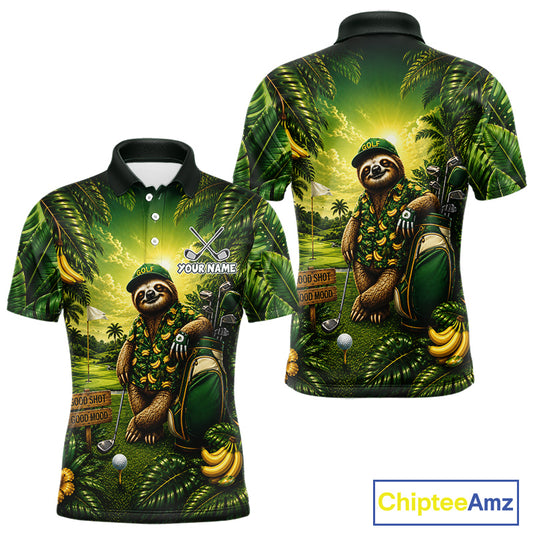 Custom Green Funny Sloth Tropical Mens Golf Polo Shirts, Golf Tournament Jersey For Men NHT927