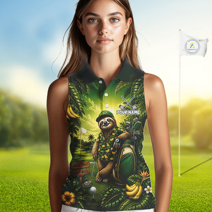 Custom Green Funny Sloth Tropical Womens Sleeveless Golf Polo Shirts, Golf Team Jersey For Women NHT927